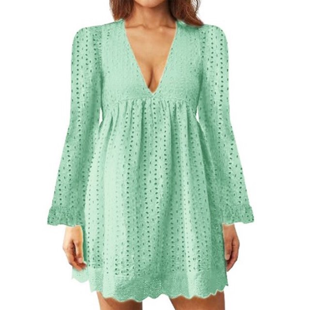 MAWCLOS Robes Mini Amples Ajourées pour Femmes Fête Manches Évasées Robe Courte Vert Pâle m