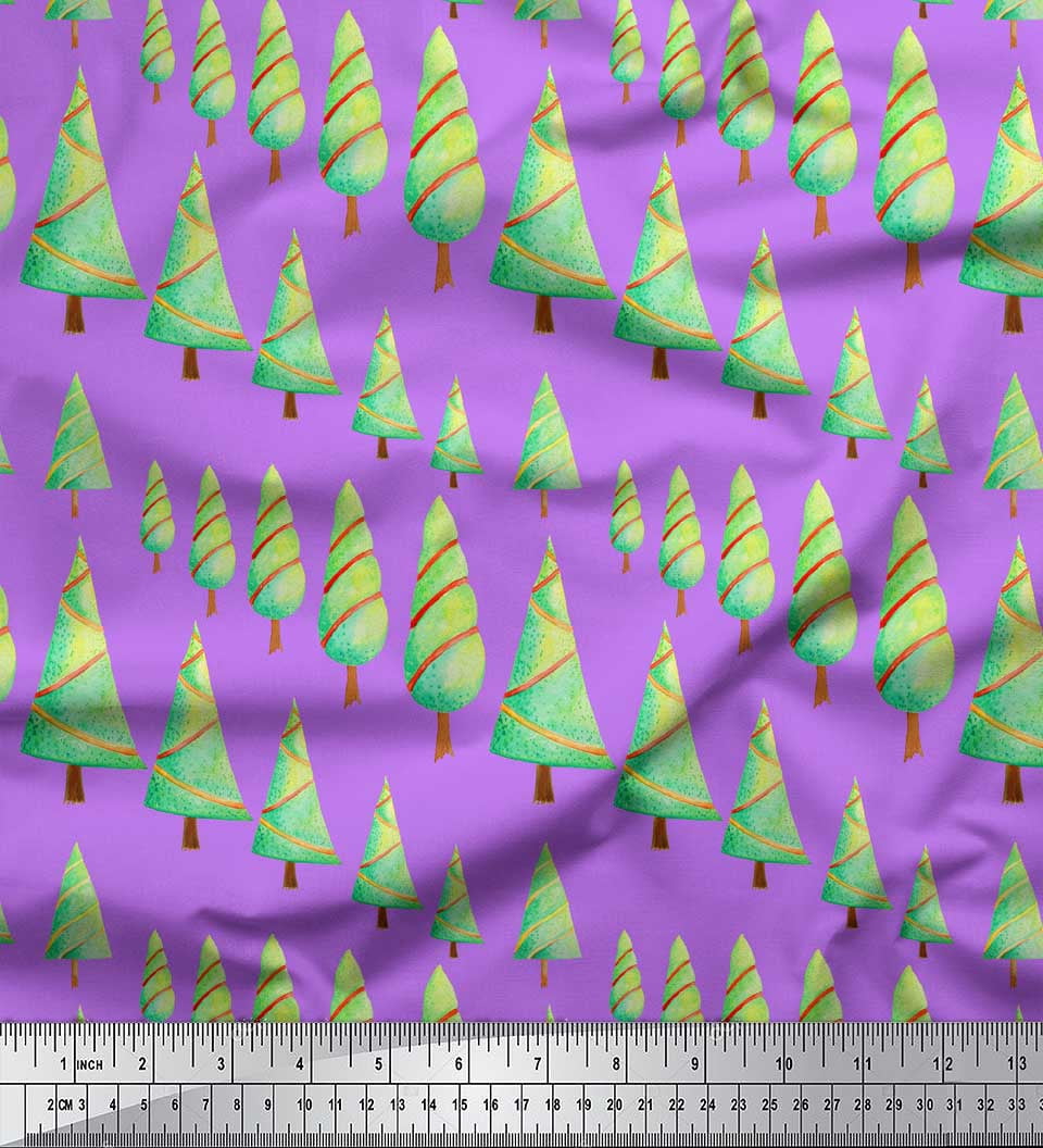 Soimoi Purple Silk Fabric Christmas Tree Print Fabric by Yard 42 Inch Wide