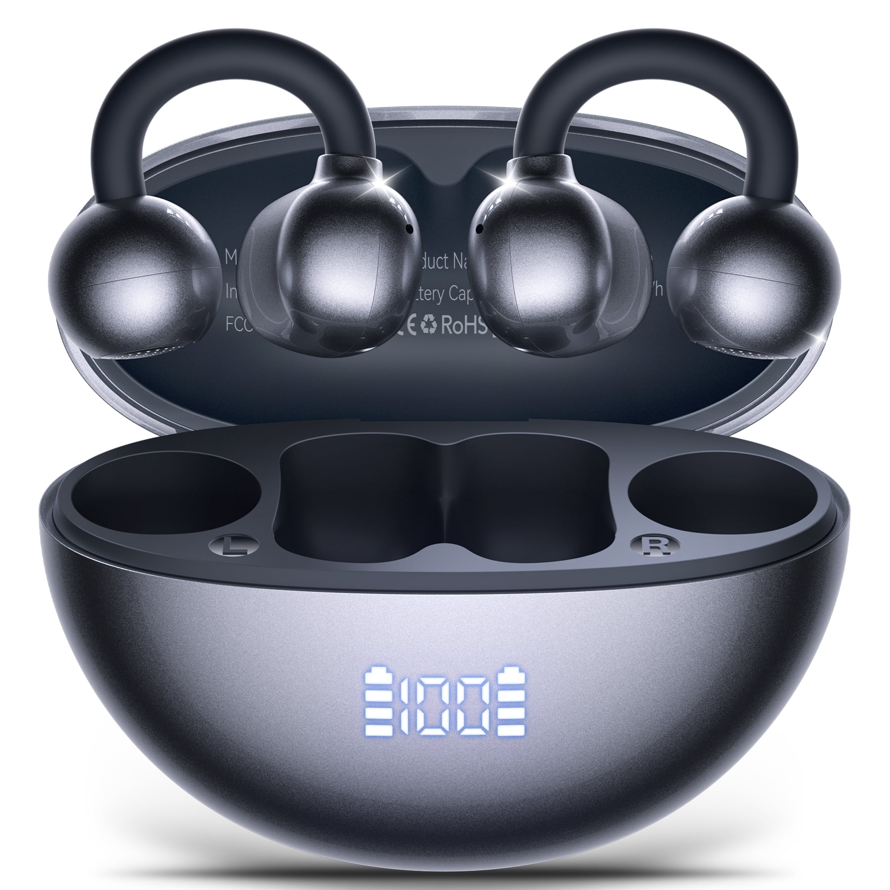 VEATOOL Clip On Earbuds,Bluetooth 5.4 Lightweight Comfort Bone Conduction Open Ear Headphones with LED Digital Display,Noise Cancelling Headphones, IPX7 Suitable for Small Ears and Eyeglass Wearers