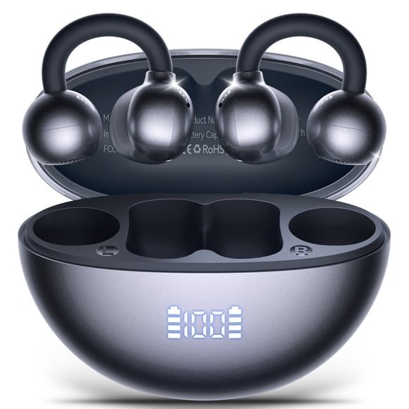 VEATOOL Écouteurs à Clip, Bluetooth 5.4 Légers et Confortables à Conduction Osseuse, Écouteurs à Oreille Ouverte avec Affichage Numérique LED, Écouteurs à Réduction de Bruit, IPX7 Convenant aux Petites Oreilles et aux Porteurs de Lunettes