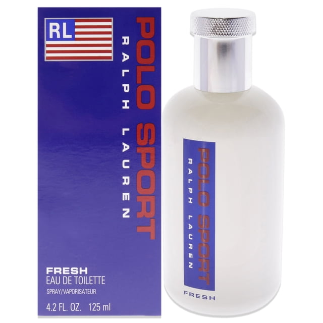 Polo Sport Fresh by Ralph Lauren for Male - 4.2 oz EDT Spray. A men's cologne with a woody fragrance launched in 2021, featuring mandarine, iris, mint, sage, marine, and woody elements. The image shows a clear glass bottle with a silver cap and blue label alongside its blue packaging with red and white branding.
