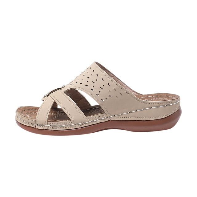 Wedge Sandals for Women Slide Cross Straps Rhinestone Arch Support Open Toe Soft Sole Comfortable Casual Summer Beach Walking Sandals in beige. These sandals feature a perforated upper with crisscross straps and rhinestone embellishments. Designed with a cushioned insole and thick wedge sole for comfort and shock absorption, they are easy to slip on and ideal for casual outings, beach trips, or summer walks.