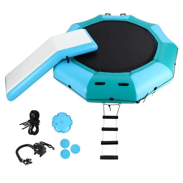 Inflatable Water Trampoline, 10FT 15FT, Floating Water Trampoline for Adults for Lake Pool Ocean, w/ 4-Step Rope Ladder/Mooring Ropes/Infatable Nozzles/Reversible Air Pump/Anchor Bags