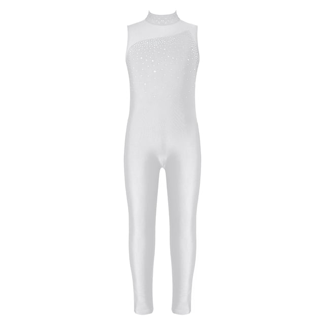 Jizyo Kids Girls Dance Unitard Sleeveless Full Body Jumpsuit Rhinestone Rompers One Piece Ballet Dance Leotard White 12