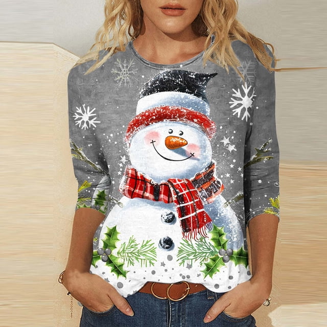 Jienlioq Hauts Grande Taille pour Femmes Mode T-Shirt Décontracté de Noël pour Femmes à Imprimé Col Rond Manches 3/4 Haut Blouse Rabais