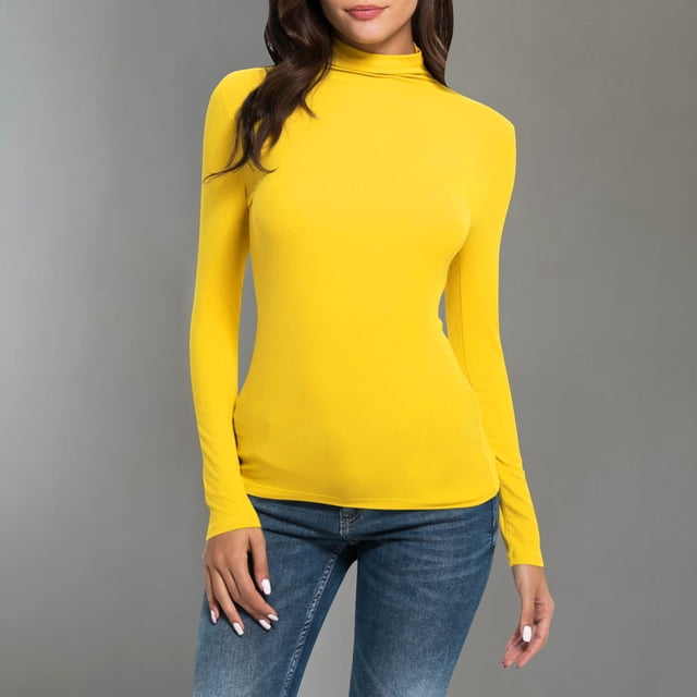 Mefallenssiah Mode Femmes Col Roulé Uni Manches Longues Tricot T-Shirt Ajusté Blouse Hauts Jaune TG