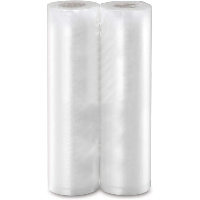 Vacuum Sealer Rolls, Vacuum Food Sealer Rolls Food Storage Freezer Food Saver Roll Vacuum Sealer Bag. Two transparent rolls made of PA + PE material, each measuring 28cm by 5m, designed for food storage, freezer use, and food preservation. Features embossed channels for efficient air evacuation and airtight sealing, suitable for sous vide cooking and compatible with vacuum sealers with openings over 28cm.