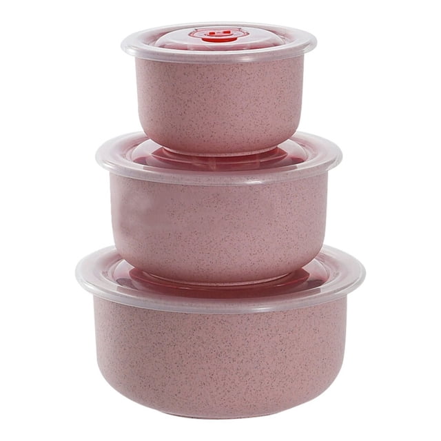 Straw Fresh-keeping Bowl With Lid Household Microwaveable Round Bento Box Lunch set, featuring three stackable bowls in pink with clear lids. Made of food-grade PP material, these lightweight containers come in 300ml, 500ml, and 900ml sizes. Suitable for meal prep, picnics, and storing various foods like pasta, sandwiches, or snacks. Microwave-safe with lids that need to be opened before heating.