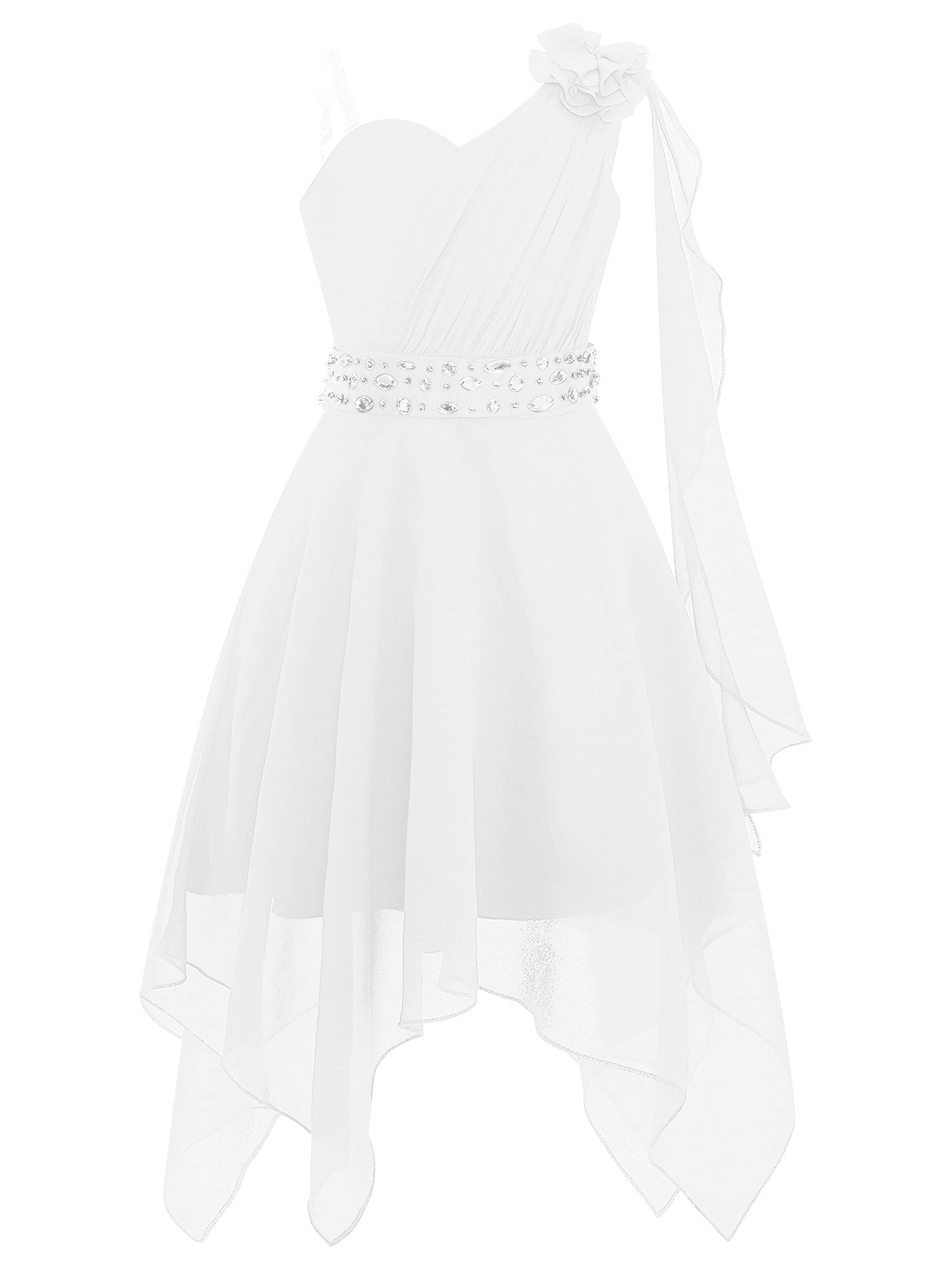 YONGHS Robe Fleurie à une Épaule pour Filles, Robe Plissée en Chiffon pour Mariage Demoiselle d'Honneur, Robe de Princesse Formelle Bal Fête, Blanc 6