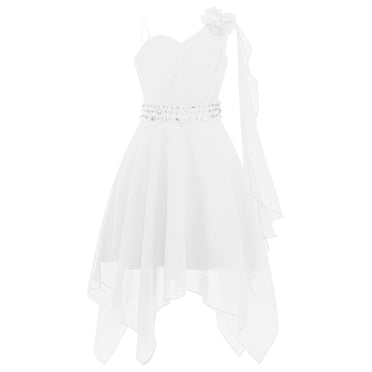 YONGHS Robe Fleurie à une Épaule pour Filles, Robe Plissée en Chiffon pour Mariage Demoiselle d'Honneur, Robe de Princesse Formelle Bal Fête, Blanc 14