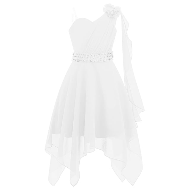 Ocealan Robe de Demoiselle d'Honneur à une Épaule pour Fille, Robe de Fête de Mariage Junior pour Enfants avec Ceinture Perlée, Blanc 14
