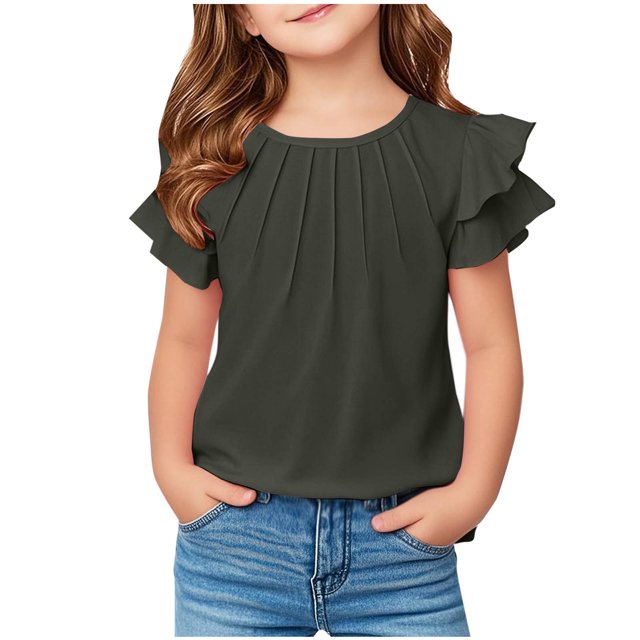 Yanlir 2025 Chemises d'Été pour Enfants Manches Raglan T-Shirt Graphique à Manches Courtes Haut à Col Rond T-Shirt pour Filles Tee Ample Décontracté Hauts (Noir#1, 7 Ans)