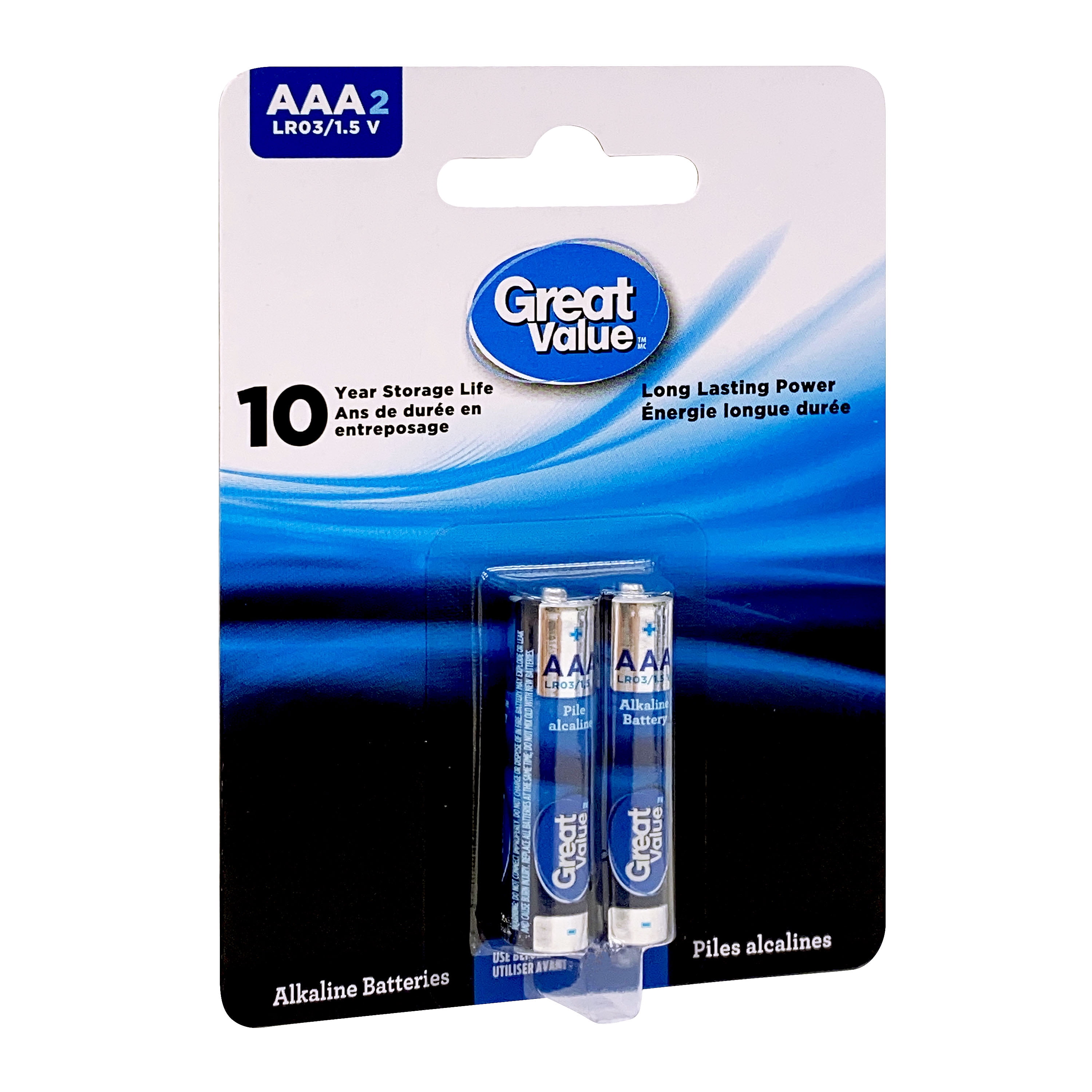 Piles alcalines AAA LRO3/1,5 V de Great Value Paquet de 2, durée de conservation de 10 ans