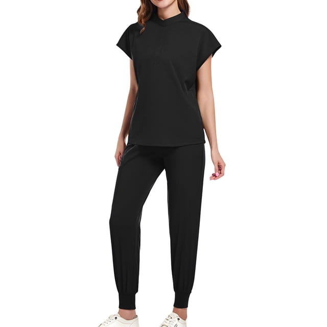 ZVNAH Ensembles de Sarraus Médicaux pour Femmes - Haut de Sarrau à Col Mandarin Doux et Extensible et Pantalon de Jogging, Coupe Décontractée, Conception à Poches avec Fermetures Éclair Latérales