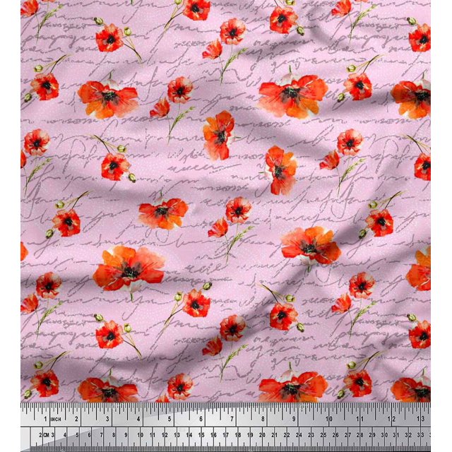 Soimoi Pink Georgette Viscose Fabric Text & Poppy Floral Print Fabric by Yard 42 Inch Wide