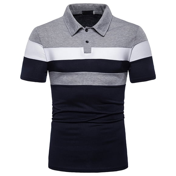 lcziwo Polo Shirts for Men 2024 Cotton Striped Color Block Tops Short Sleeve Slim Fit Lapel Collar Business Casual Golf Shirts Big and Tall Gray M