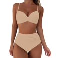 thumbnail image 3 of Huesdet Women's High Waisted Bikini Ribbed Two Piece Swimsuit High Cut Color Block Adjustable Straps Bathing Suit(Khaki,XXL), 3 of 7