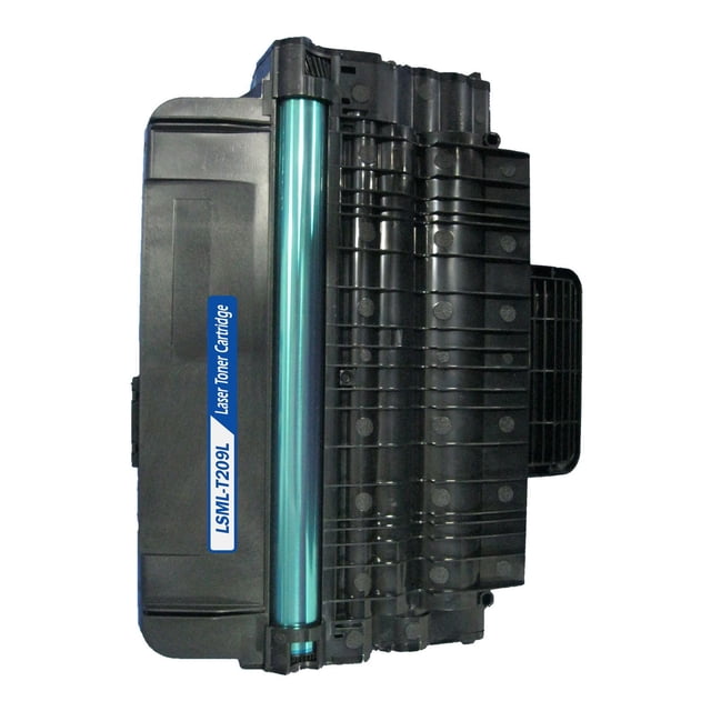 L-ink Compatible Samsung MLT-D206L Cartouche de Toner Noire à Rendement Élevé Montrée d'Une Vue de Haut en Bas, Comprenant un Corps en Plastique Noir avec un Rouleau Tambour cyan et une Étiquette Bleue Marquée LSML-T209L Cartouche de Toner Laser, Conçue pour les Imprimantes Laser et l'Impression à Rendement Élevé dans la Catégorie Fournitures de Toner pour Imprimante.