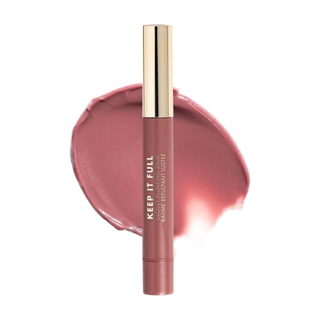 Milani Keep It Full Glossy Plumping Balm in mauve pink with a gold cap, standing upright over a smooth swatch of the balm's glossy texture on a white background, emphasizing its lip plumping and moisturizing properties.