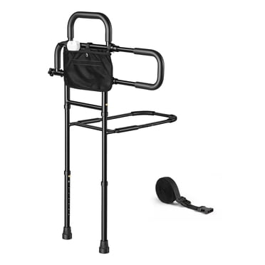 KFFKFF Bed Rails for Elderly Adults Bed Side Assist Rail with Floor Support, Motion Sensor LED Light, 300LBS Dual-Handle Support, Adjustable Handle Length, Storage Pocket