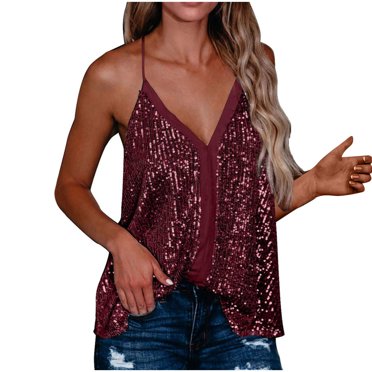Dealovy Sequin Tank Tops for Women V Neck Sparkly Solid Color Casual Loose Party Clup Crop Camis