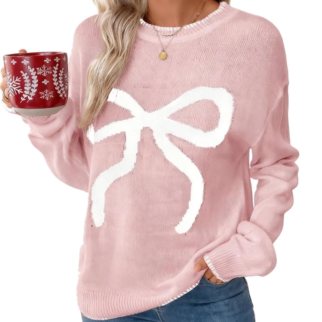 WUANDIXFA Ladies Sweaters for Fall Womens Christmas Cute Bow Long Sleeve Sweaters Loose Crewneck Knit Pullover Red,S