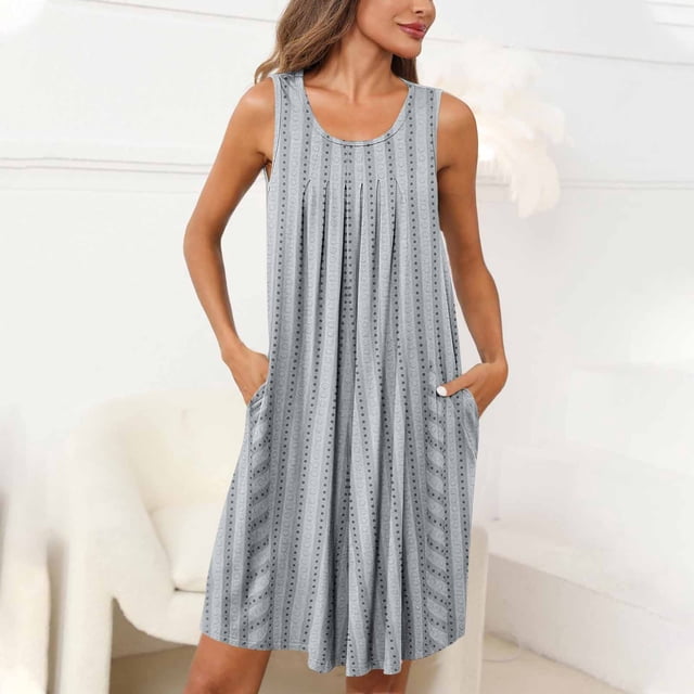 Pyjama pour Femmes Zeophrasy Femmes Imprimé avec Poches Chemises de Nuit Sans Manches Vêtements de Nuit devant Plissé Nuisette Col Rond Robe de Nuit Clearacne Moins de 5