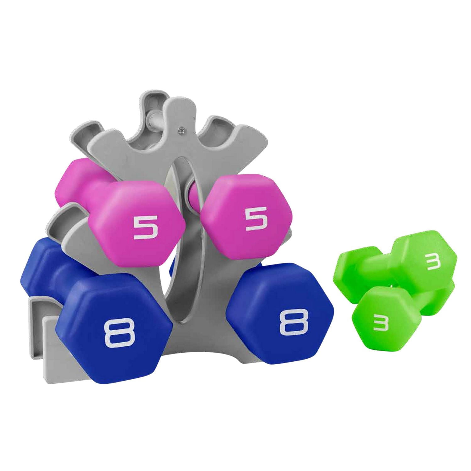 CS 32lb Neoprene Dumbbell Set with Rack-Green,Pink,Blue
