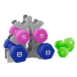 CS 32lb Neoprene Dumbbell Set with Rack-Green,Pink,Blue