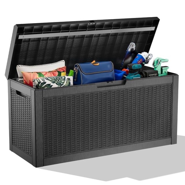 60 gal Black Rattan Resin Deck Box - Water Resistant, Lockable for Patio, Garden, Cushions & Tools