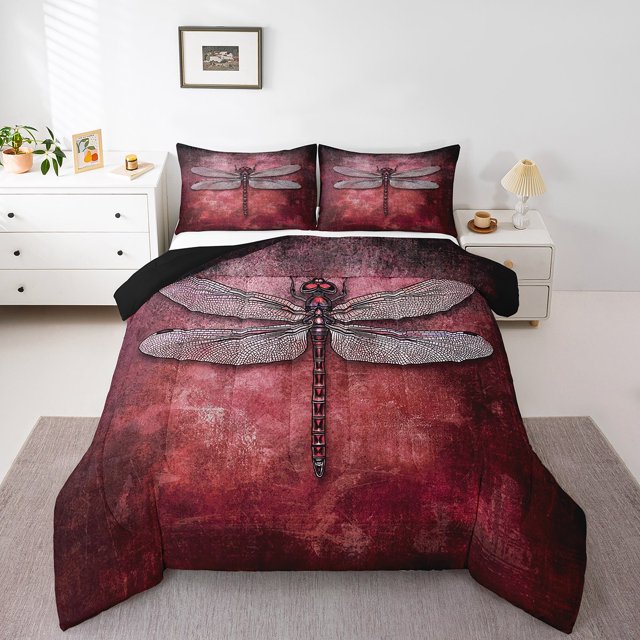 Erosebridal Ensembles de Couette Dégradé Ombré Format Grand, Ensemble de Literie Libellule Couette Grand, Déco de Chambre Animale, Réversible, Respirant, 3 Pcs