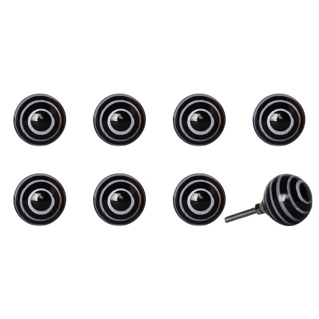 KNOB-IT vintage handpainted ceramic knobs 8 pack featuring black round knobs with white concentric circle patterns, 1.5 inch diameter and 1.25 inch bolts that can be trimmed, ideal decorative hardware for cabinets, drawers, and furniture with easy installation.