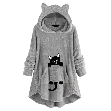 Fleece Blanket Hoodie Long Hoodie Dress Women Cute Pattern Winter Cat Ear Fleece Fuzzy Hooded Blanket Dress Plush Tops For Teen Girls