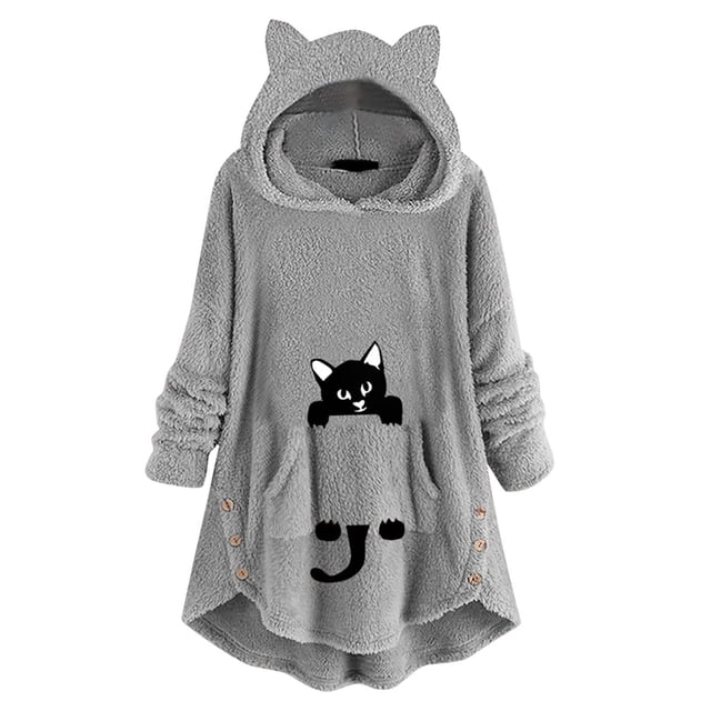 Pompotops Longue Robe à Capuche Femme Motif Mignon Hiver Oreilles de Chat Polaire Duveteuse Robe Couverture à Capuche Hauts en Peluche pour Adolescentes