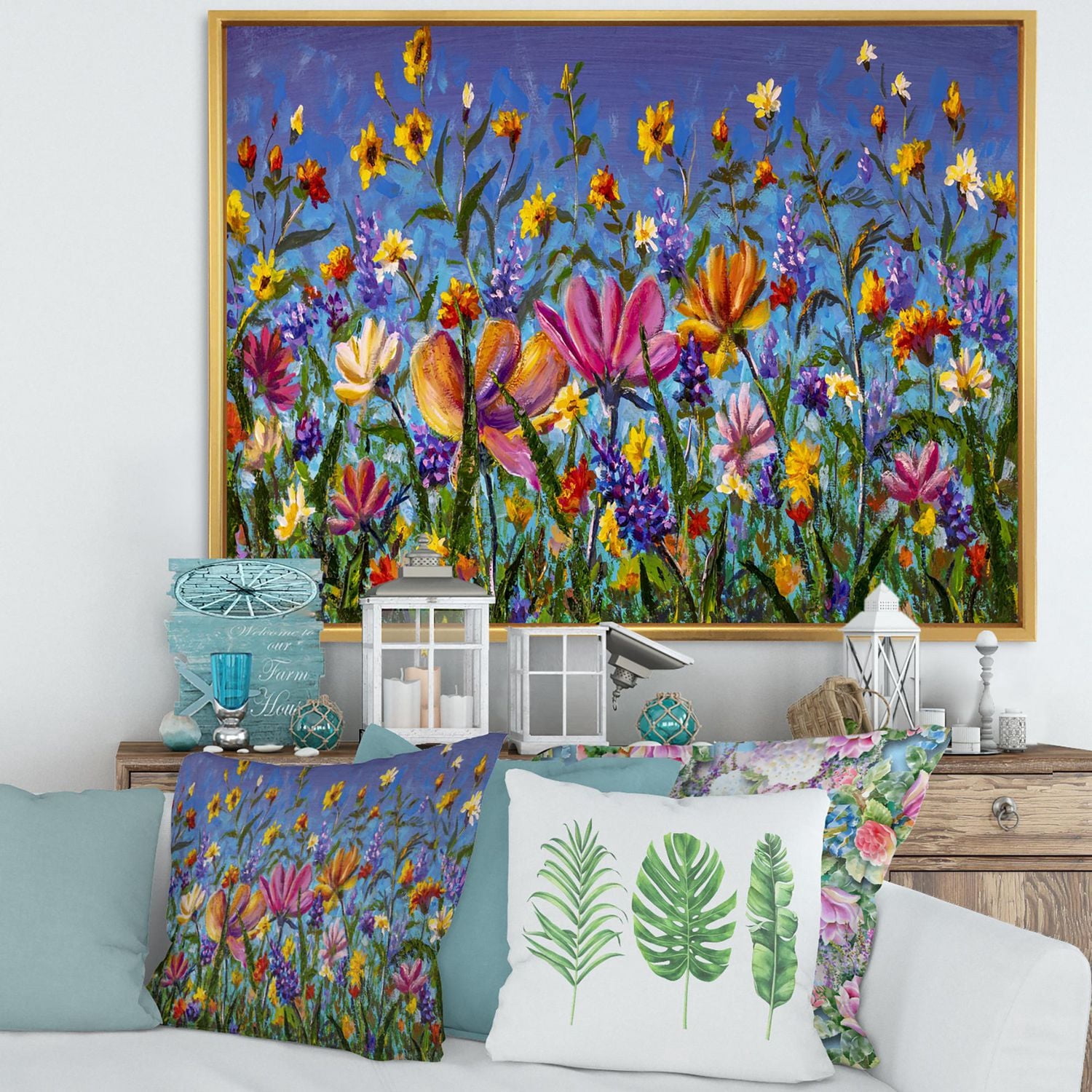 Designart Marguerites et fleurs sauvages dans le champ de jardin d'été I ART MURAL À CADRE FLOTTÉ