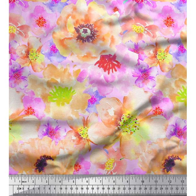 Soimoi Poly Georgette Fabric Flower Watercolor Printed Fabric 1 Yard 52 Inch Wide