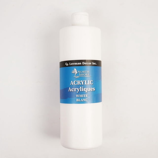North Shore acrylic paint in a 750ml white plastic bottle with a blue label displaying the brand and product name in English and French, suitable for art supplies and painting projects, standing upright on a plain white background.