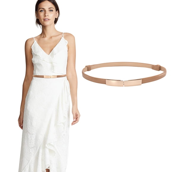 Up To $10 Belt Beige Women Skinny Leather Belt Ladies Slim Belt Metal Buckle Thin Elastic Fashion Dress Belt