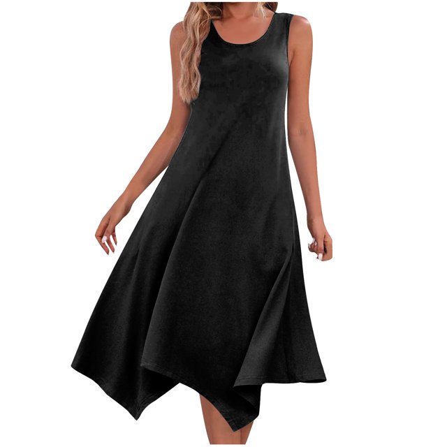 Yuyuzo Robe pour Femmes Sans Manches Décontractée Robe Débardeur Col Rond Robes de Plage Ourlet Irrégulier Robes Midi Fluides