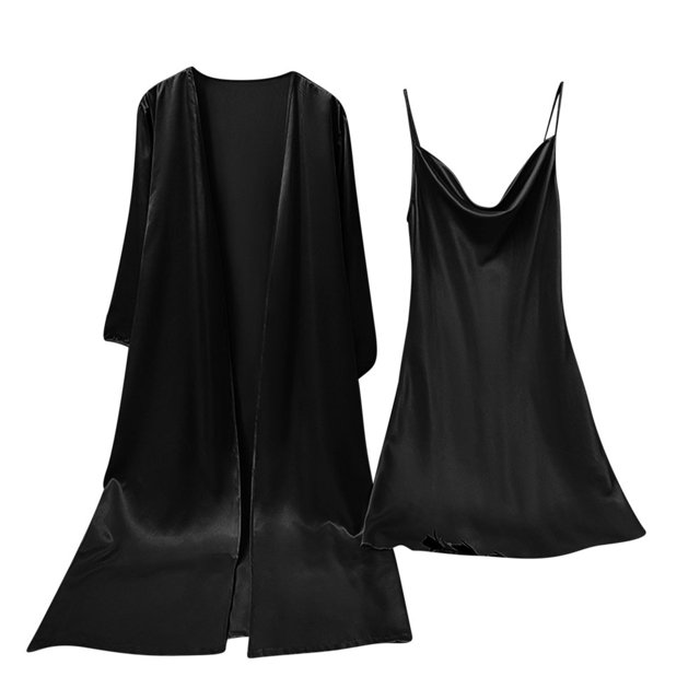 LNGOOR Ensemble de Pyjama en Satin de Soie pour Femmes 2 Pcs Robe de Nuit Cami avec Peignoirs Vêtements de Nuit Robe de Mariée Rose