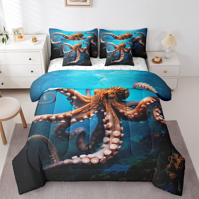 YST 3D Octopus Bedding Comforter Set Sea Animal Theme, 7pcs, King