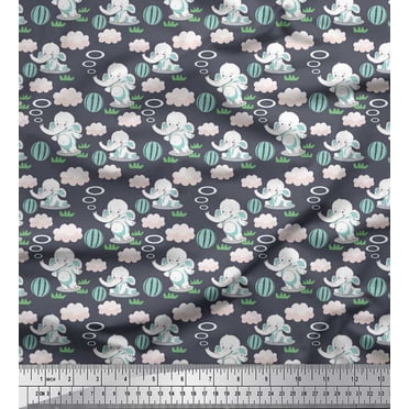 Soimoi Rayon Fabric Cloud,Ball & Elephant Kids Decor Fabric Printed Yard 42 Inch Wide
