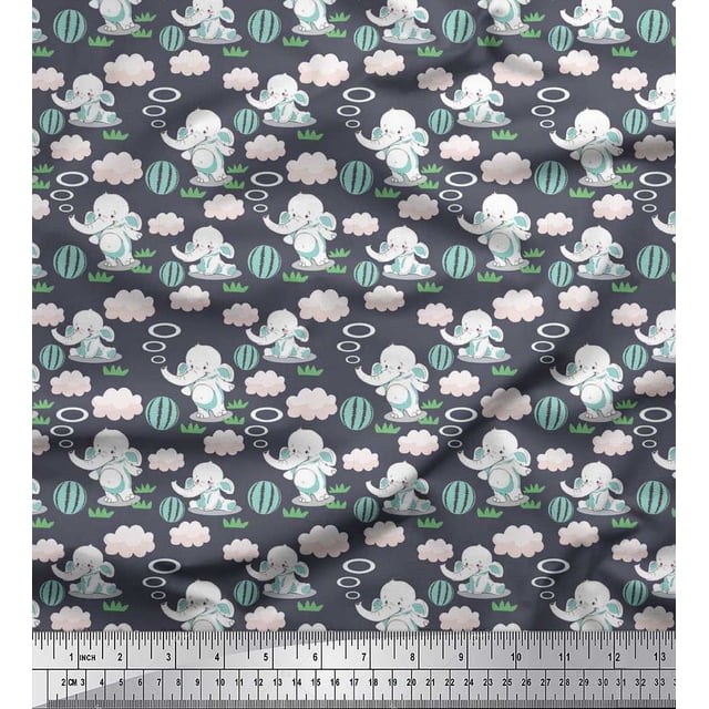 Soimoi Poly Georgette Fabric Cloud,Ball & Elephant Kids Decor Fabric Printed Yard 52 Inch Wide
