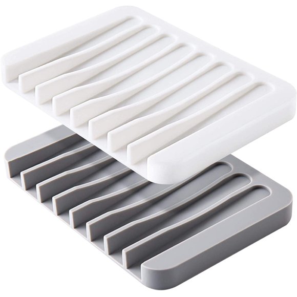 2pcs Self Draining Soap Dish, Premium Silicone Soap Holder, for Shower, Bathroom, Kitchen, Tub, Sponge, Easy to Clean with a Little Water, Extends Soap Life,Easy to Dry White grey
