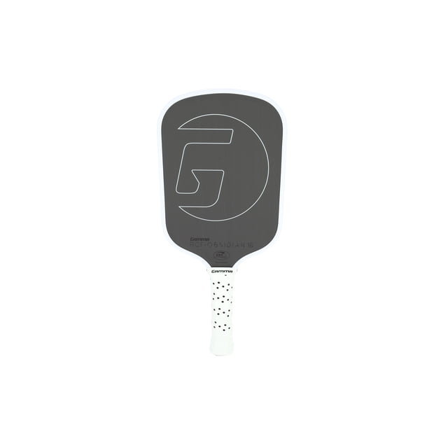 GAMMA Obsidian 16 Raw Carbon Fiber Pickleball Paddle with 16mm core and 8.3 oz weight, featuring a Toray T700 carbon fiber face for maximum spin and control. The paddle includes a white perforated handle, molded foam edges to reduce vibrations, and a sleek black face with a large GAMMA logo. Ideal for tournament players seeking customizable performance and precision.