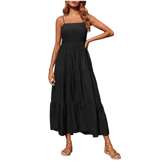 cllios Robe Longue Bohème pour Femme à Bretelles Spaghetti, Smockée, à Étages, de Plage, Sans Manches, Unie, Maxi, pour Femmes 2023