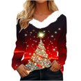thumbnail image 1 of Birdeem T-Shirt de Noël en Peluche Imprimé pour Femmes Col en V Patchwork Manches Longues Ajusté, 1 of 1