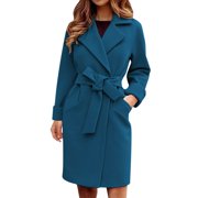 Women Peacoat Trench Coat Long Wool Blend Coat Women Casual Mid Long Overcoat Womens Winter Jackets Design Lapel Open Front Cardigan Outwear Woolen Fleece Winter Coat Women Wool Coat with Belt