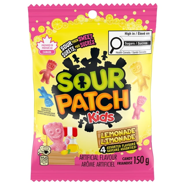 SOUR PATCH KIDS Lemonade Flavour Candy 150 g bag with multicolour gummy kids candies in four lemonade-inspired flavours: Lemonade, Strawberry Lemonade, Blue Raspberry Lemonade, and Cherry Lime Lemonade. The packaging highlights the sour then sweet taste, artificial flavour, and a Health Canada high sugar warning. Often enjoyed while studying or gaming.