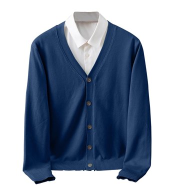 aohooy Chandail à Col en V pour Homme Élégant d'Affaires à Manches Longues Boutonné Cardigans pour Hommes Chandail Tricoté de Base avec Fausses Poches Bleu Marine, TG